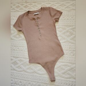 S Abercrombie & Fitch Mocha Ribbed Henley One-Piece Bodysuit